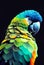 Vertical closeup of a 3D rendering of a macaw parrot in the dark background