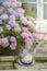 Vertical closeup of a bunch of colorful hydrangeas in a flower pot outdoors with a straw hat near
