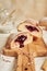 Vertical closeup of freshly baked buns with fruity Marmelade inside