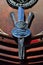 Vertical closeup of a rusty Ford car emblem