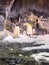 Vertical closeup shot of cute penguins under the rocks in the zoo