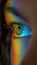 Vertical closeup shot of a rainbow reflecting on a green eye of a girl