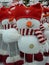 Vertical closeup shot of Santa snowman stuffed toys displayed in a store