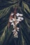 Vertical closeup shot of white fiber crops with plant leaves on the background