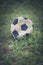 Vertical closeup shot of a worn-out soccer ball in a grassy field