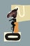 Vertical collage absurd creative bizarre weird woman masquerade dancing headless horse animal shopping isolated on grey