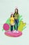 Vertical collage artwork image of mini mother daughter embrace hold painted egg basket stand huge glazed cookie isolated