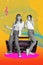 Vertical collage brochure two young girls best friends dancing boombox music player have fun festive event party club