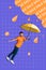 Vertical collage brochure young happy man hold umbrella flying discounts rain sales special offer retail season