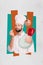 Vertical collage of delighted satisfied chef guy closed eyes show italian bellissimo gourmet gesture onion paprika