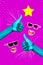 Vertical collage of faceless people wear sunglass laughing mouth blue hands thumbs up like symbol isolated on pink