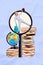 Vertical collage of funky mini boy inside huge magnifier lens hold rucksack pile stack book planet earth globe isolated