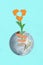 Vertical collage illustration of damaged patched planet earth globe green plant grow crack drawing recycle symbol