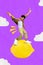 Vertical collage illustration of excited carefree guy stand flying huge lemon dancing isolated on clouds sky background