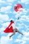 Vertical collage illustration of excited guy wear hero cape hand hold flying disco ball isolated on clouds sky