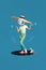 Vertical collage illustration of excited mini person dancing huge vinyl record disco ball instead head straw sunhat