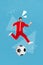 Vertical collage illustration of excited overjoyed guy running kick football isolated on drawing blue background