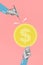 Vertical collage illustration oh human arms black white gamma hold money coin big needle sting isolated on pink drawing