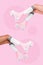 Vertical collage illustration of two girl cropped legs rollerblades isolated on checkered pink background