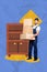 Vertical collage image of cheerful delivery man arms hold pile stack carton boxes furniture drawer isolated on creative