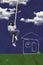 Vertical collage image of delighted black white gamma girl hang rope celebrate achievement drawing house clouds sky