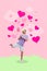 Vertical collage image of excited cheerful guy hold butterfly net catch hearts isolated on drawing background