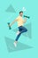 Vertical collage image of excited cheerful person jumping hands hold dumbbells isolated on painted background