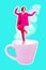 Vertical collage image of excited positive person dancing large coffee cup isolated on turquoise background