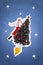 Vertical collage image of funky santa claus flying decorated newyear tree rocket isolated on drawing night stars space
