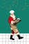 Vertical collage image of funky santa hold baked cookies tray walking isolated on creative painted festive background