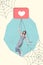 Vertical collage image of impressed mini girl hanging trapped spider web like notification isolated on drawing