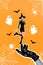 Vertical collage image of impressed mini witch girl stand big arm glove painted bats spider web flying ghosts isolated