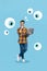 Vertical collage image of minded guy hold netbook contemplate big drawing eyes watch spying isolated on blue background