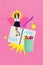 Vertical collage image of minded happy smart girl huge notebook pen pencil cup case isolated on pink background