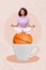 Vertical collage image of mini peaceful girl sit huge basketball inside coffee cup meditate isolated on creative