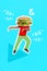 Vertical collage image of overjoyed dancing person big mcdonalds burger instead head isolated on painted background