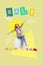 Vertical collage image of overjoyed girl sit podium excited sale promotion buy sneakers isolated on drawing background