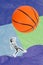 Vertical collage image of overjoyed mini black white effect girl jumping look huge basketball isolated on drawing paper