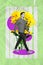 Vertical collage image of positive black white effect mini guy walking huge fresh daisy flowers bouquet isolated on