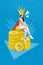 Vertical collage image of positive girl sit big coins money pile stack painted crown head isolated on blue background