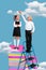 Vertical collage image of two small kids stand ladder pile stack book measure height isolated on drawing clouds sky