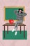 Vertical collage of optimistic charming pretty young girl sitting desk school classroom touch sunglass have fun pause
