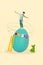 Vertical collage photo 3d image sketch invitation brochure of funky carefree guy standing on big size colorful egg