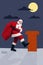 Vertical collage picture of amazed funky grandfather santa walk house roof carry big present bag isolated on creative