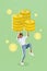 Vertical collage picture of amazed person arms hold huge pile stack money coin pressure isolated on creative background