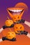 Vertical collage picture of arm gloves hold pumpkins huge mouth toothy smile isolated on painted background