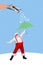 Vertical collage picture of arm hold pour snowflakes bucket mini santa hold umbrella isolated on drawing background