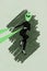 Vertical collage picture of black white colors girl green alien head dancing isolated on drawing background