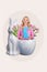 Vertical collage picture of cheerful mini girl inside bunny egg statue vase arms hold mini rabbit cookie isolated on