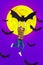 Vertical collage picture of crazy mini guy hold huge flying bat isolated on night moonlight background